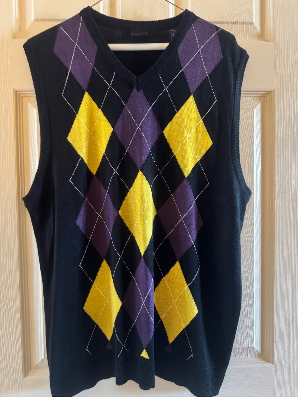 Men's Black Argyle V-Neck Sweater Vest with Yellow & Purple Diamonds